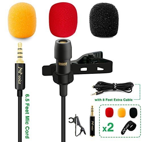 PoP voice Lavalier Lapel Microphone, Omnidirectional Condenser Mic for Apple iPhone iPad Mac Android Smartphones, YouTube, Interview, Studio, Video, Recording Mic,6 Wind Muffs+8 Ft Extension Cable