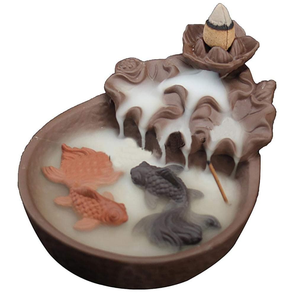 Ceramic Backflow Incense Burner Waterfall Fountain Incense Burner Incense Cone Holder Lotus Pond Incense Holder with 10 pcs Incense Cones(Brown) (Fish)