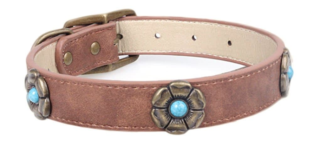 Adjustable Premium Leather Dog Collar - Heavy Duty for Small Medium Large Breeds Dogs - Attractive Colorful Flowers Decoration Pet Necklace - Brown,L