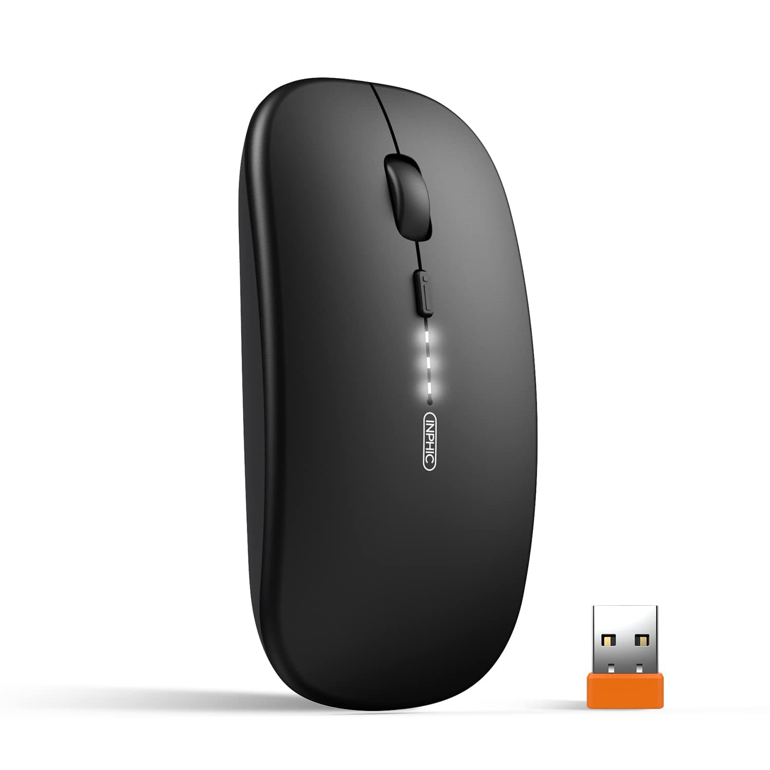inphic Wireless Mouse, 2.4G Silent Rechargeable Ultra Slim USB Portable Mouse, 1600 DPI & 700mAh Battery with Visible Level for Laptop PC Computer & MacBook (LED-Black)