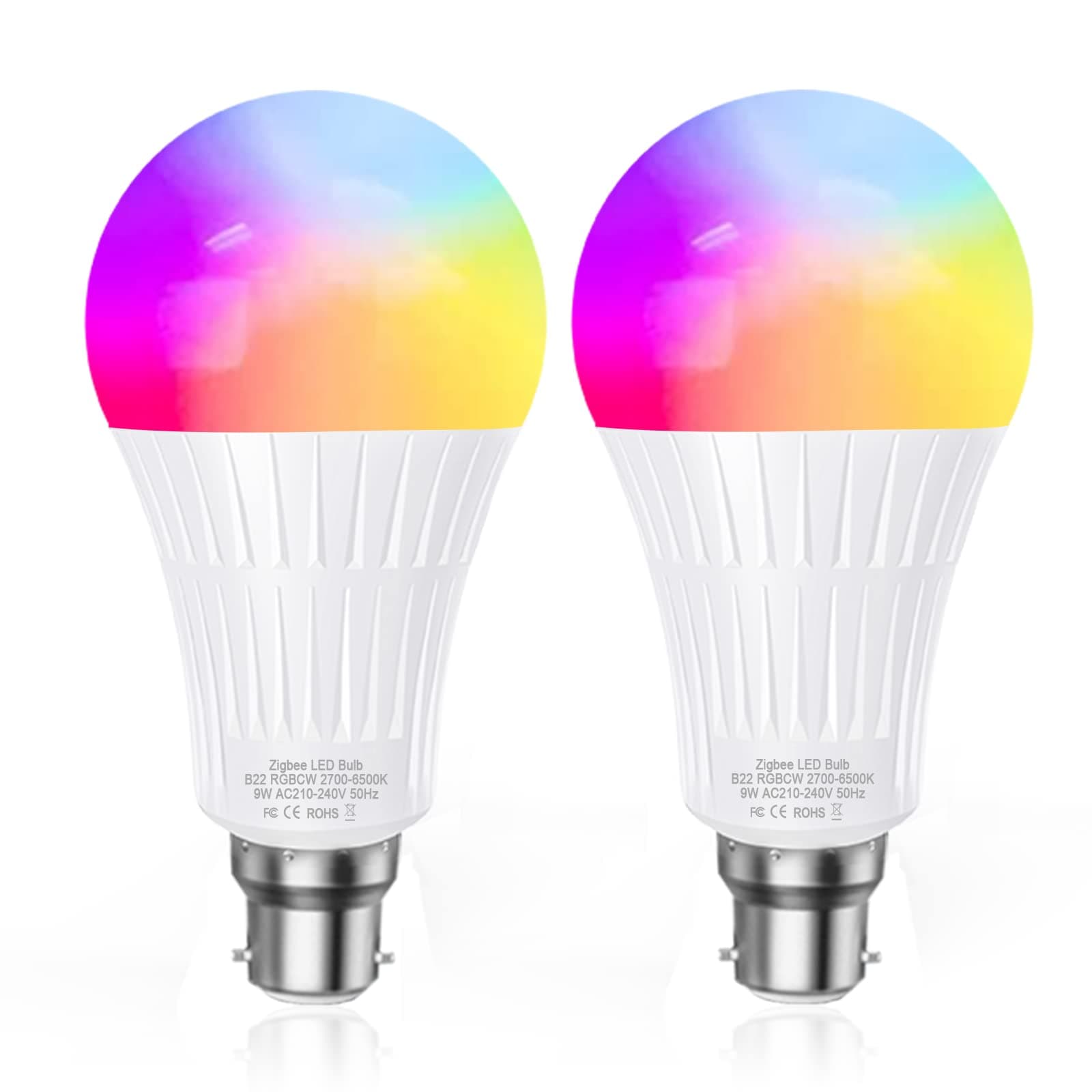 Cskyzk Zigbee Smart Bulb, Light Bulbs B22 Bayonet, LED Lights 9W, 806 Lm, Colour Changing Light Bulb Works with Philips Hue Amazon Alexa Samsung SmartThings Hub, 2 Pack