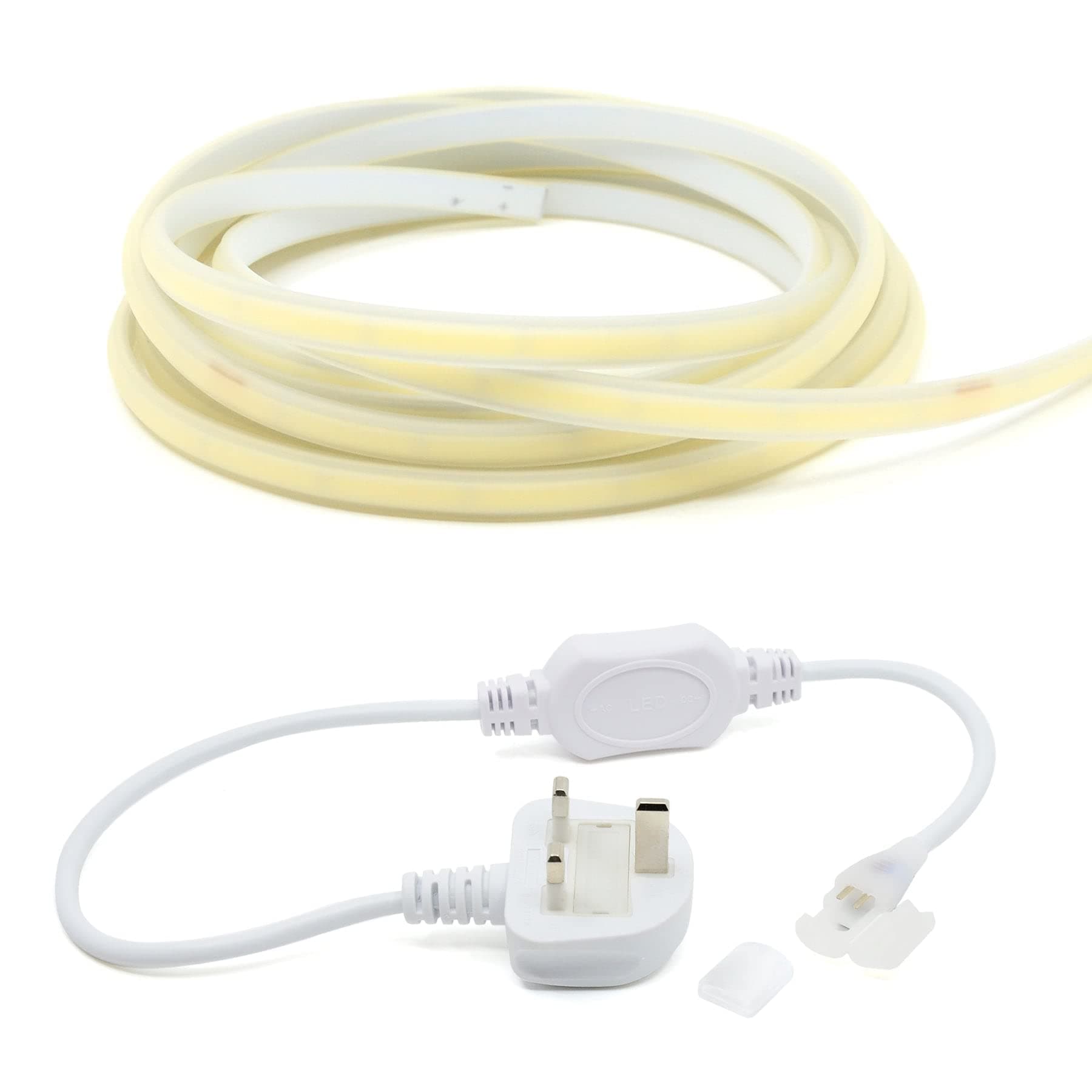 G.W.S® 2M Cool White 6000K AC 220V-240V Seamless LED COB Strip Light with Standard UK Plug, IP65 Waterproof, Cuttable Every 50CM