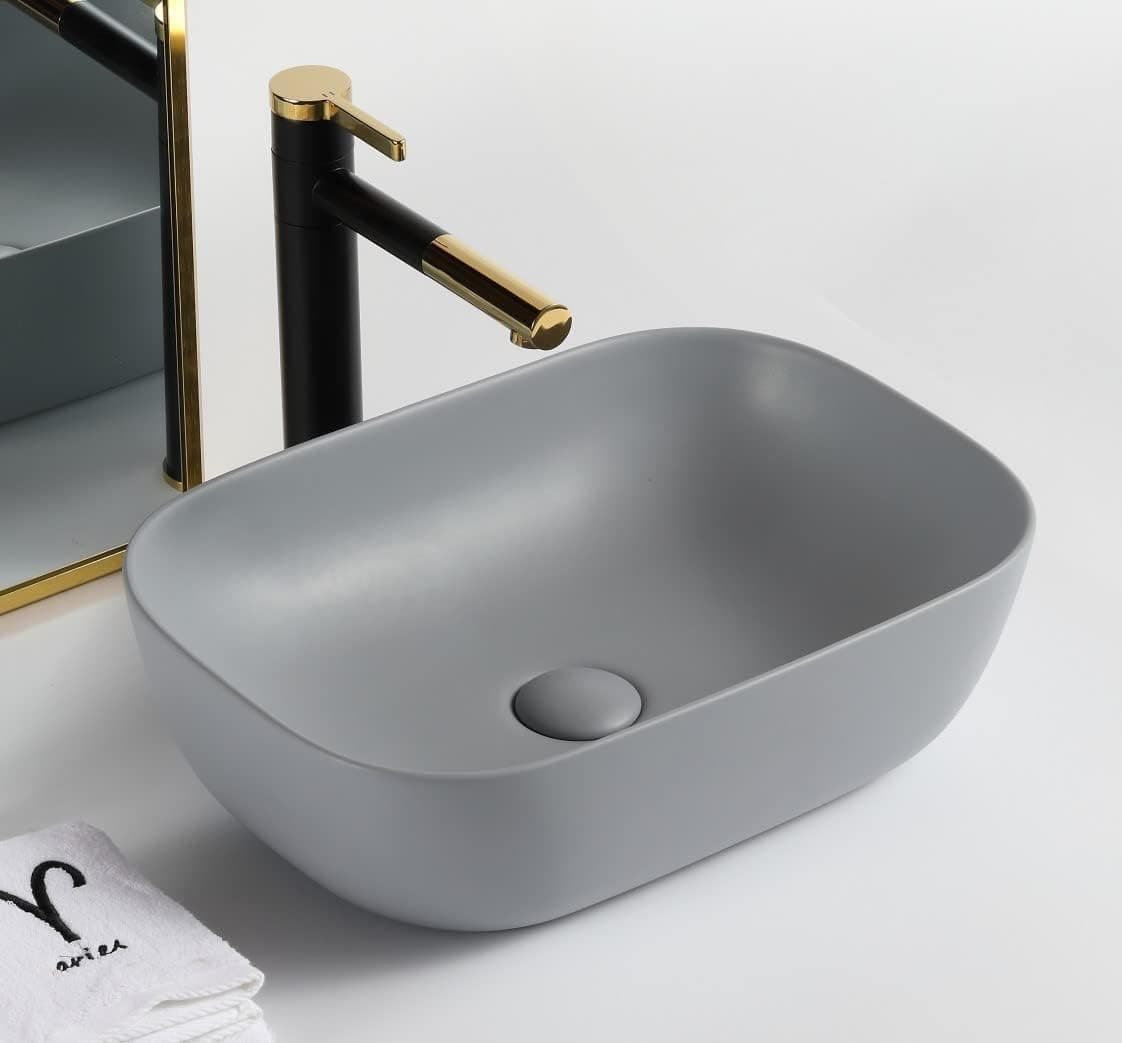 Ceramic Countertop Wash Basin | Designer Table Top Bathroom Basin Sink | Vessel Sink Wash Basin Over Counter for Bathroom, Hotel, Home Living Room (18x13x5.5 Inch) (Matte Grey)