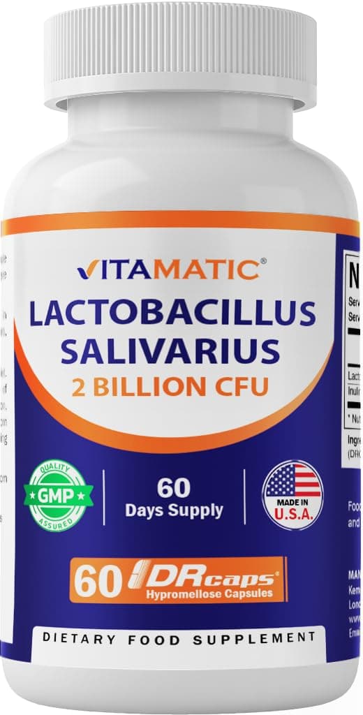 Lactobacillus Salivarius 2 Billion per DR Capsule - 60 Count - Digestive Support - Made with Prebiotic Inulin Fiber (1 Bottle)
