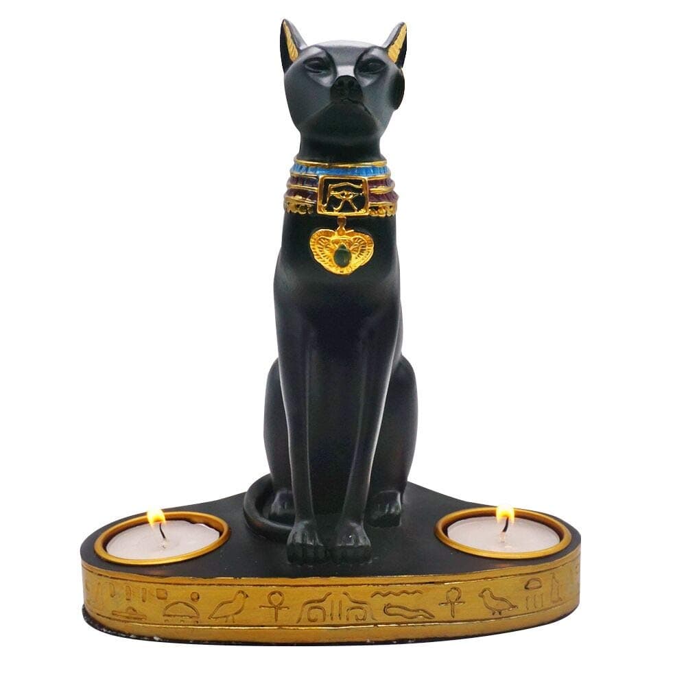 Moylor Ancient Egypt Bastet Cat Goddess Statue with 2 Tea Light Candle Holders (7.5" Tall)