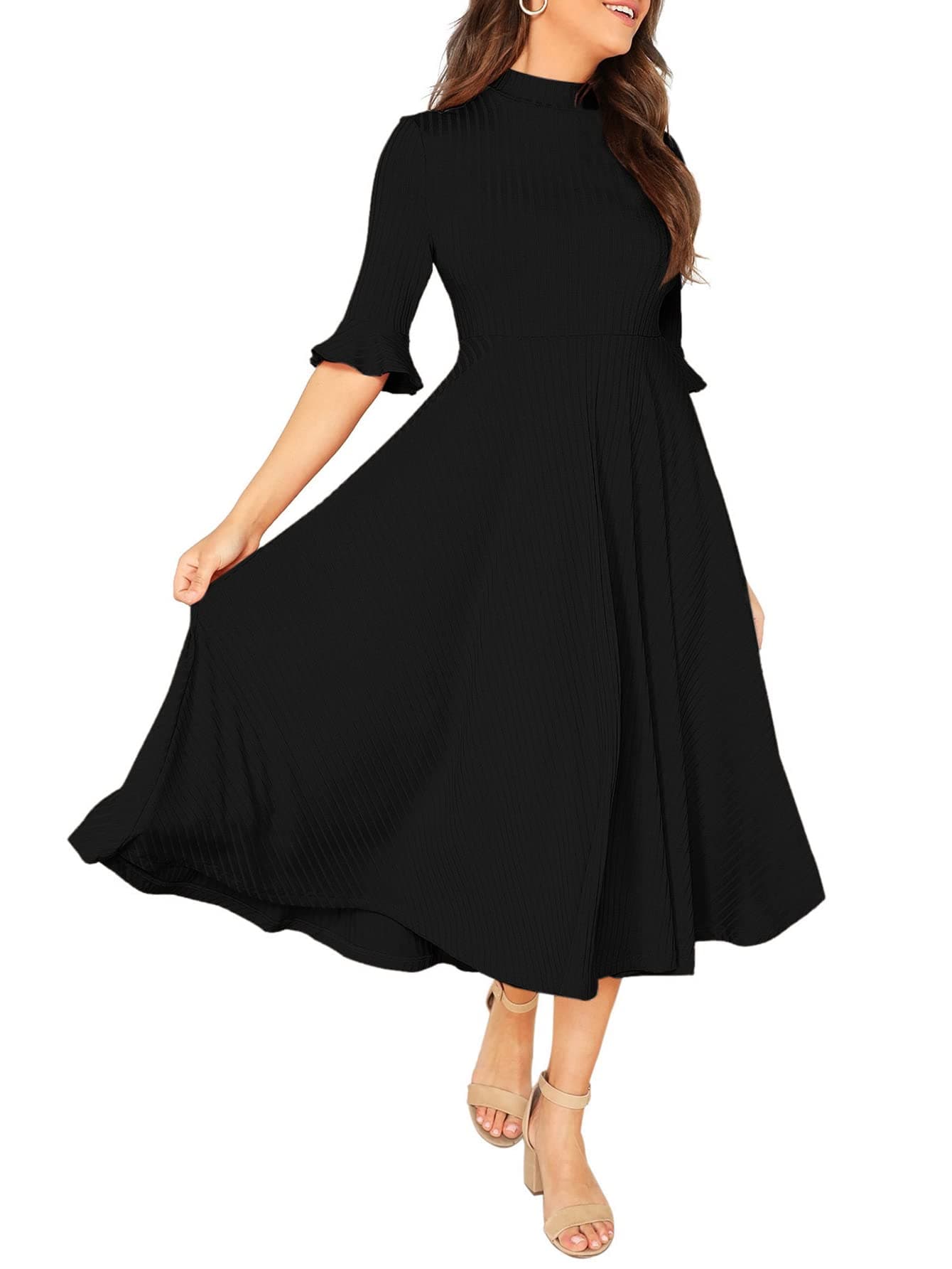 Women's Ruffle Half Sleeve A Line Fall Dresses Elegant Fit and Flare Midi Dress