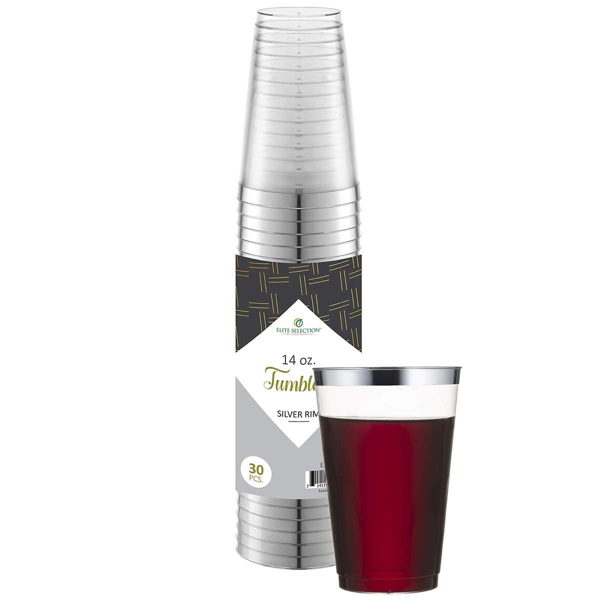 Silver Plastic Cups 14 Oz. Pack Of (30) Clear Disposable Plastic Cups - Silver Rim Cups - Fancy Hard Plastic Cups - Party Accessories - Wedding - Elegant Clear Cups- Tumblers