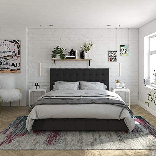 CosmoLiving by Cosmopolitan Elizabeth Bed with Storage, Queen Size Frame, Black Velvet Upholstered