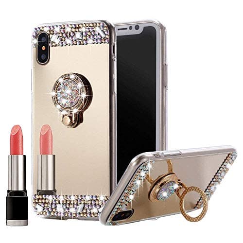iPhone XR Case Bling, Awsaccy(TM) Sparkly Slim TPU Mirror Makeup Bling Rhinestone Diamond Back Case Cover with Detachable 360 Degree Ring Holder Stand for Apple iPhone XR 6.1 inch 2018 Gold