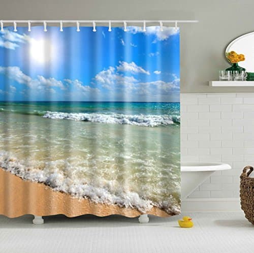 James TYLE26 Anti-Mould Different Designs Bathroom Bath Panel Curtain Digitally Printed Shower Curtain With Curtain Rings, Beach #2, 180 x 180 cm