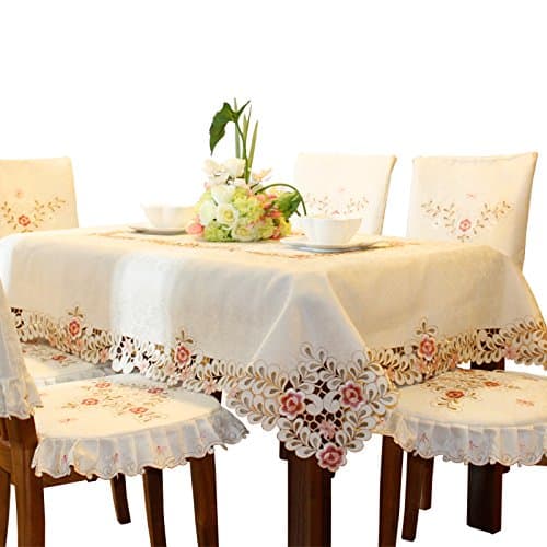 Damask pink flower embroidered cream floral tablecloth rectangular 170cm x 265cm 67 x 104 inch approx