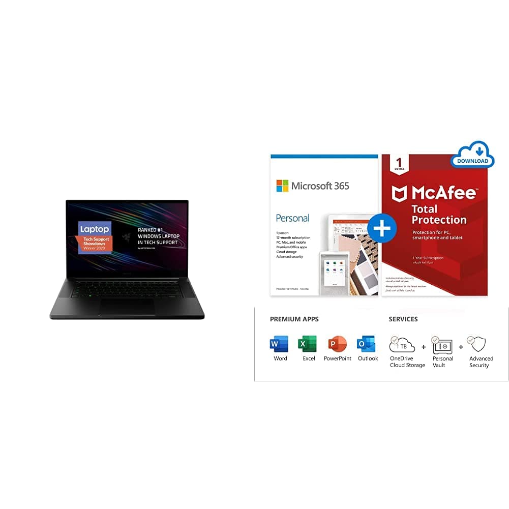 Razer Blade 15 Base Gaming Laptop 2020: Intel Core i7-10750H 6-Core, Black & Microsoft 365 Personal 1 Year / 1 User subscription + McAfee 1 device Total Protection Antivirus