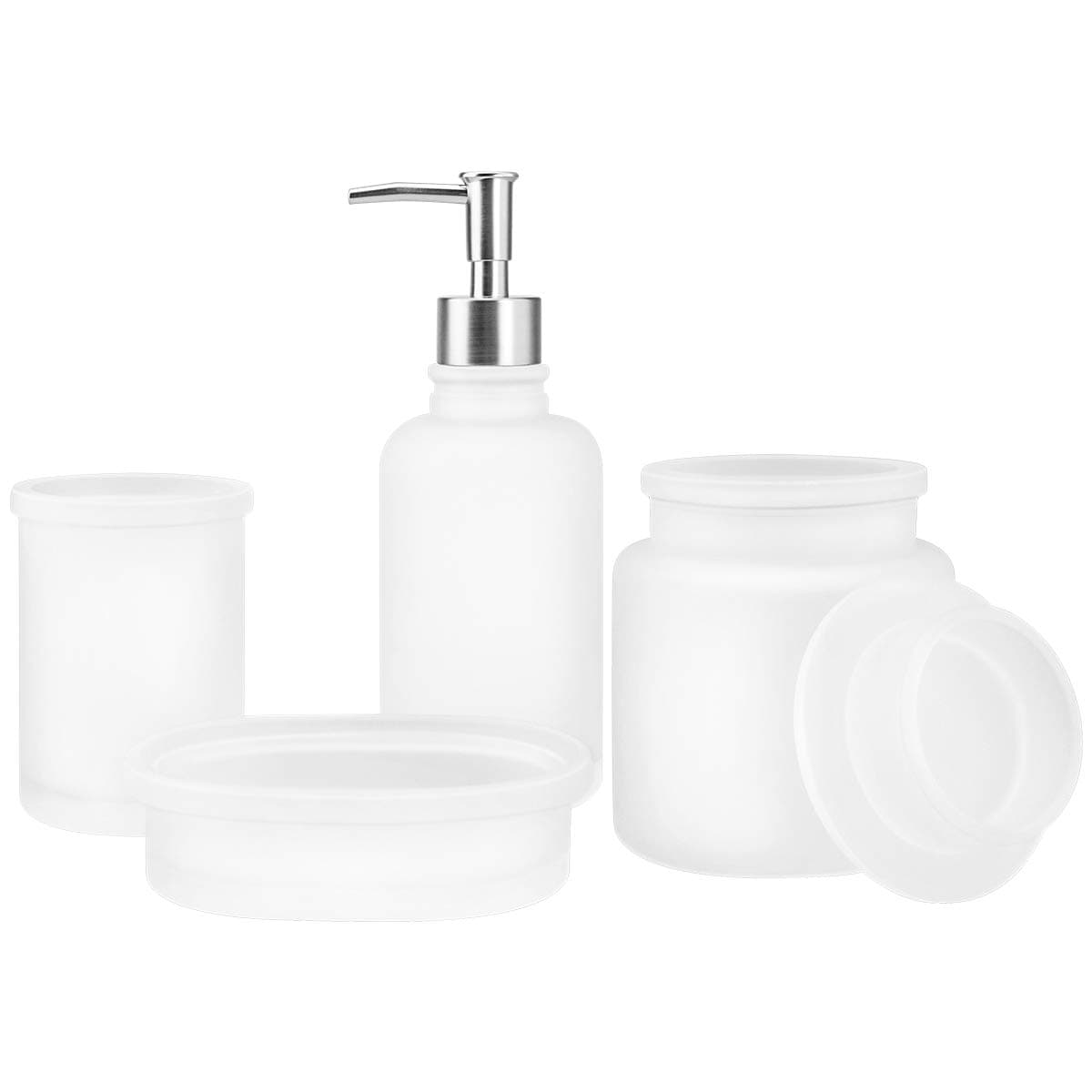 4-Piece Glass Bathroom Accessories Set, Complete Bath Accessory Sets Includes Soap Dispenser, Toothbrush Holder, Tumbler, Soap Dish, Housewares Clear Bathroom Ensemble Sets for Bath Decor (White)