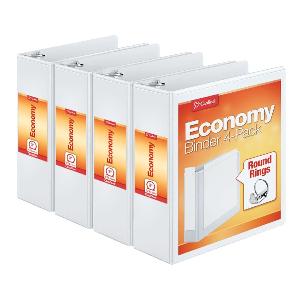 Cardinal Economy 3 Ring Binder, 7.6 cm, Presentation View, White, Holds 625 Sheets, Nonstick, PVC Free, 4 Pack of Binders (00430)