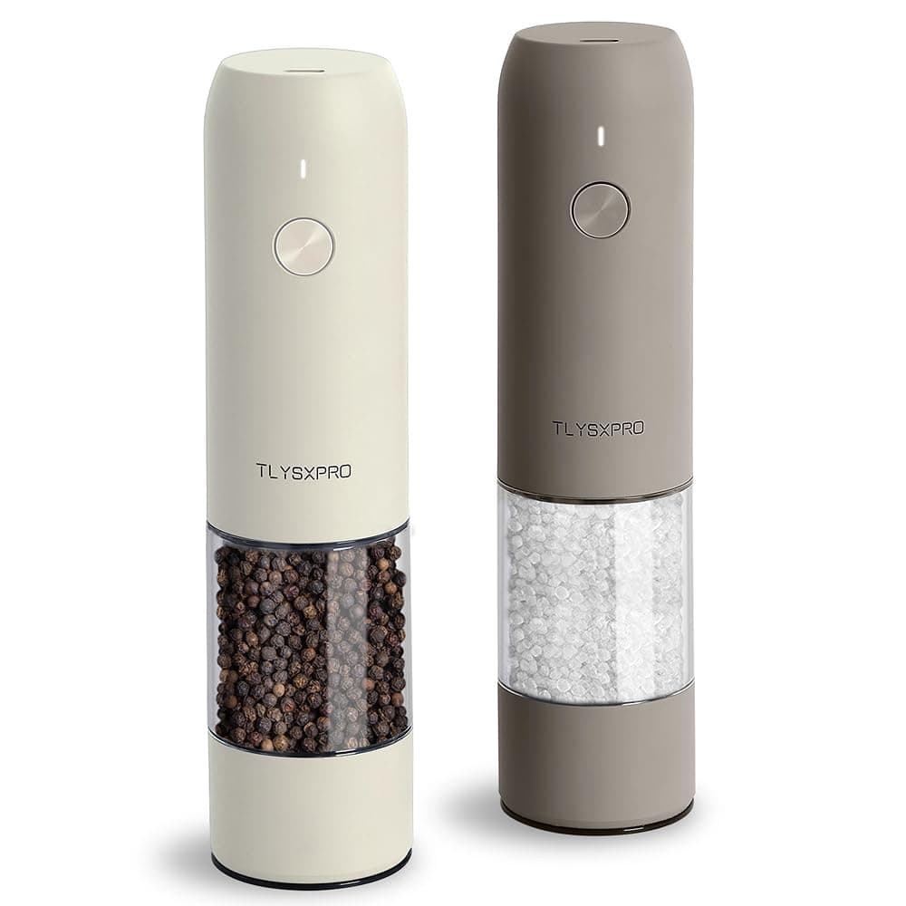 Electric Salt and Pepper Grinder Set, USB Rechargeable, Automatic Salt and Pepper Mill Grinder with Adjustable Coarseness, Electric Salt Shakers, LED Light, Refillable (2 Packs, Greige&Buttercream)