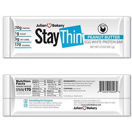 Julian Bakery Stay Thin Protein Bar | Peanut Butter Egg White | Certified Organic | Egg White | 20g Protein | 3 Net Carbs | 10 Bars