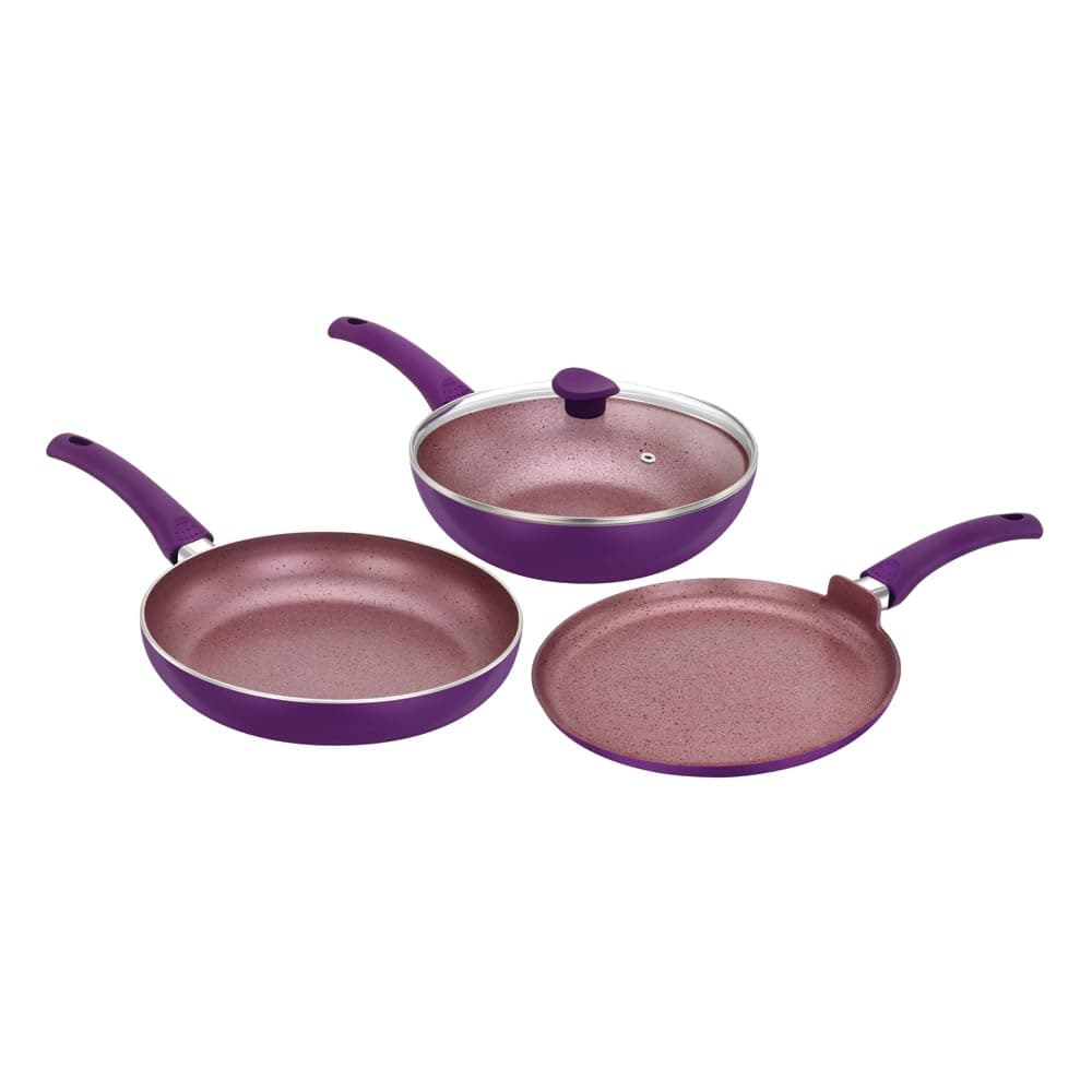 PREMIER 4 Piece Non Stick Granite Induction Cookware Set (26 cm Fry Pan, Wok with Glass Lid, Dosa Tawa) - Silver