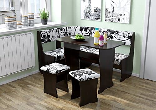 4 Piece FIJI Breakfast Nook Dining Table Set L-Shaped Storage Bench Dark Oak/Floral