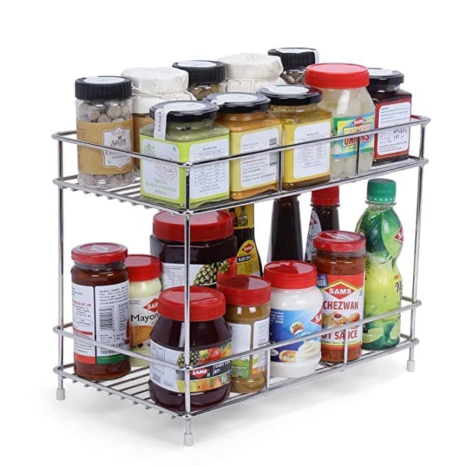 Big Size Stainless Steel 2 Layer Kitchen Spice Floor Standing Or Tabletop Rack|Modular Storage Rack|Multipurpose Storage Shelf/Rack,Silver,Floating Shelves