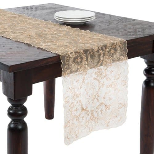 Domani Embroidered Lace Gold Sheer Table Runner, 16"x72" Rectangular