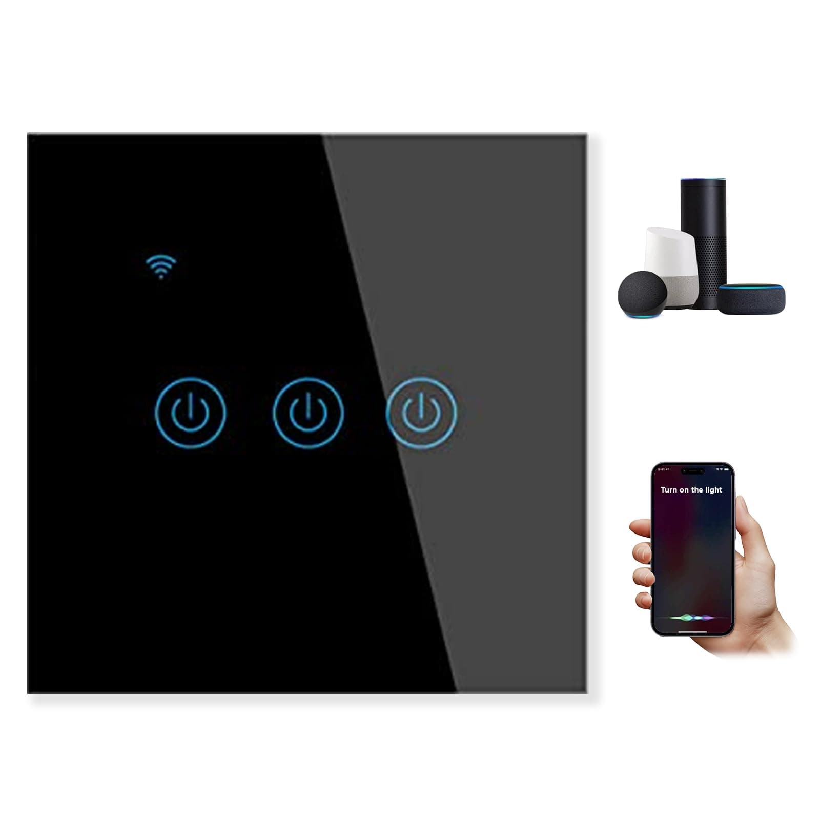 WiFi Smart Wall Light Switch,Touch Switches, No Neutral Wire Required, Compatible with Alexa, APP Remote Control Touch Switch, Voice Control, No Hub Required (Black 3 Gang)