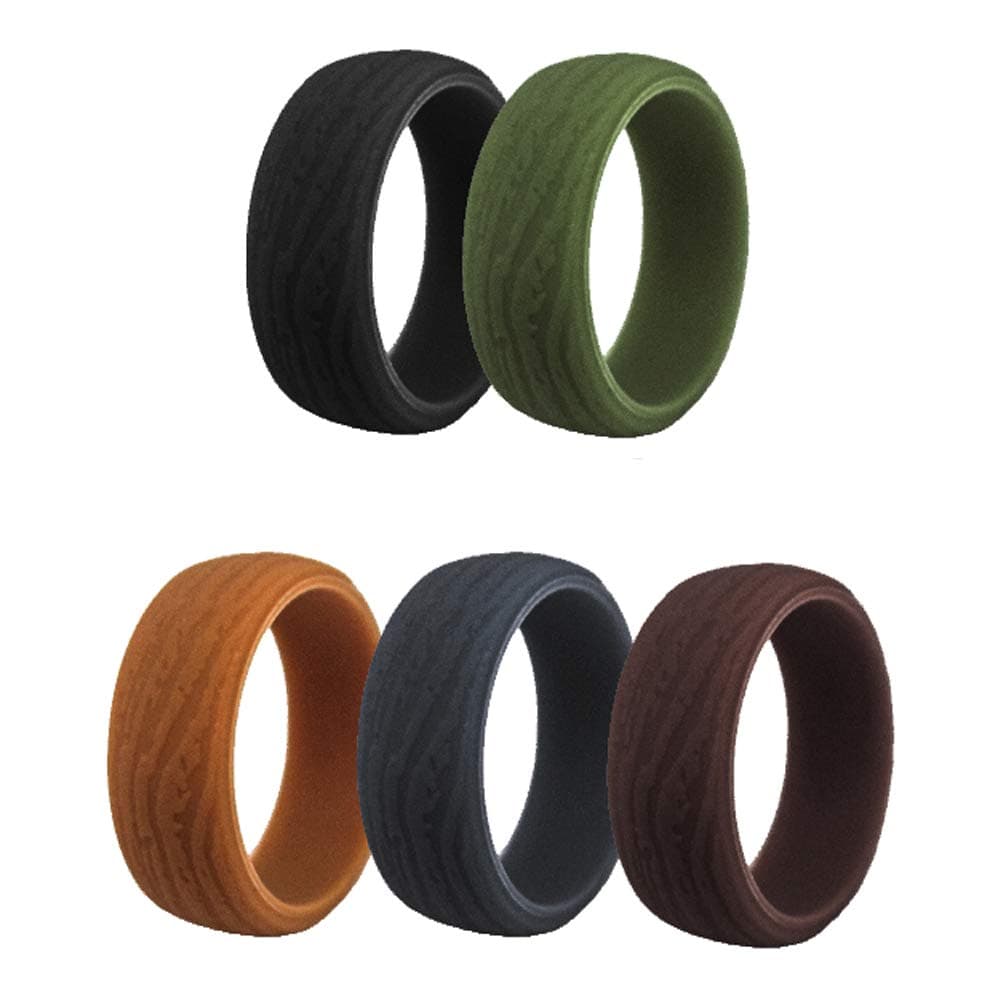 Silicone Wedding Ring Band for Men 5 Pack Size 11.5-12 Mens Bark Texture Rubber Wedding Bands Rings 8.7mm Wide - Black, Iron-Grey, Coffee, Olive Green, Earth Tone