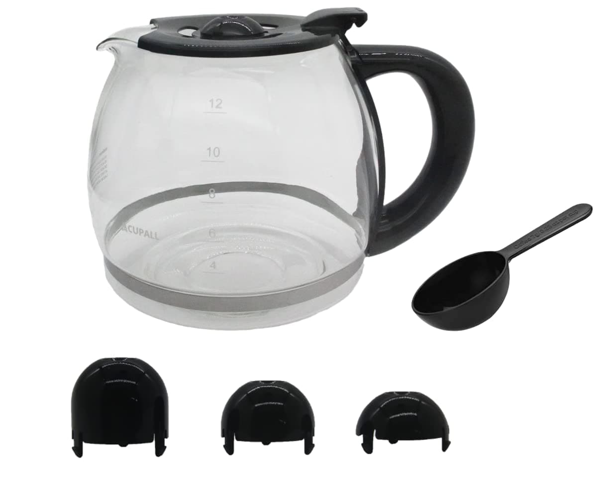 12-CUP Glass Replacement Coffee Carafe Compatible with Mr. Coffee, Black & Decker, Cuisinart and More, Black Close Handle