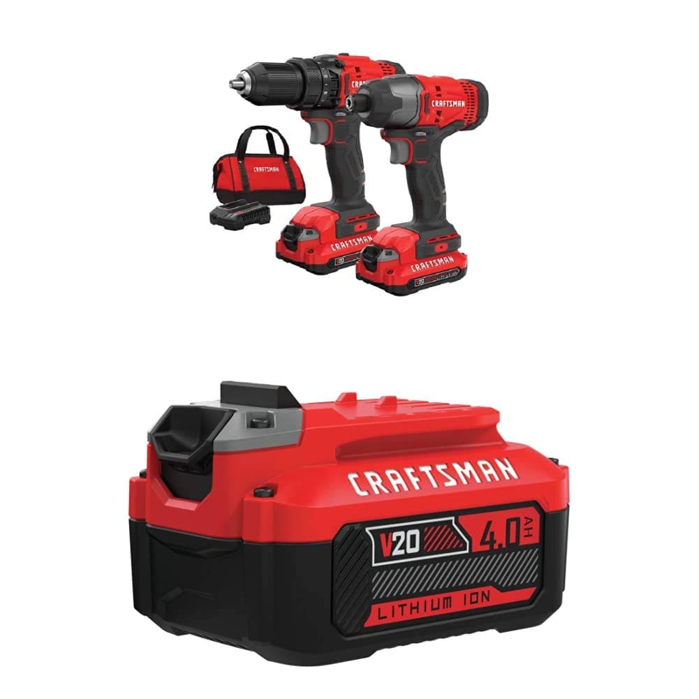 CRAFTSMAN V20 MAX Cordless Drill and Impact Driver, Power Tool Combo Kit with 2 Batteries and Charger (CMCK200C2) & (1) V20 Lithium Ion Battery, 4.0-Amp Hour (CMCB204)
