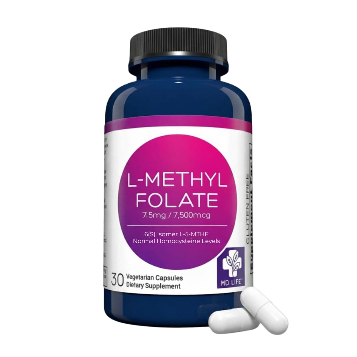 MD Life L-Methylfolate 7.5 mg Supplement - Professional-Grade Active L Methylfolate Supplement - 30 Capsules - L-Methylfolate 7.5mg - Maximum Potency MTHFR W/ Essential Amino Acids