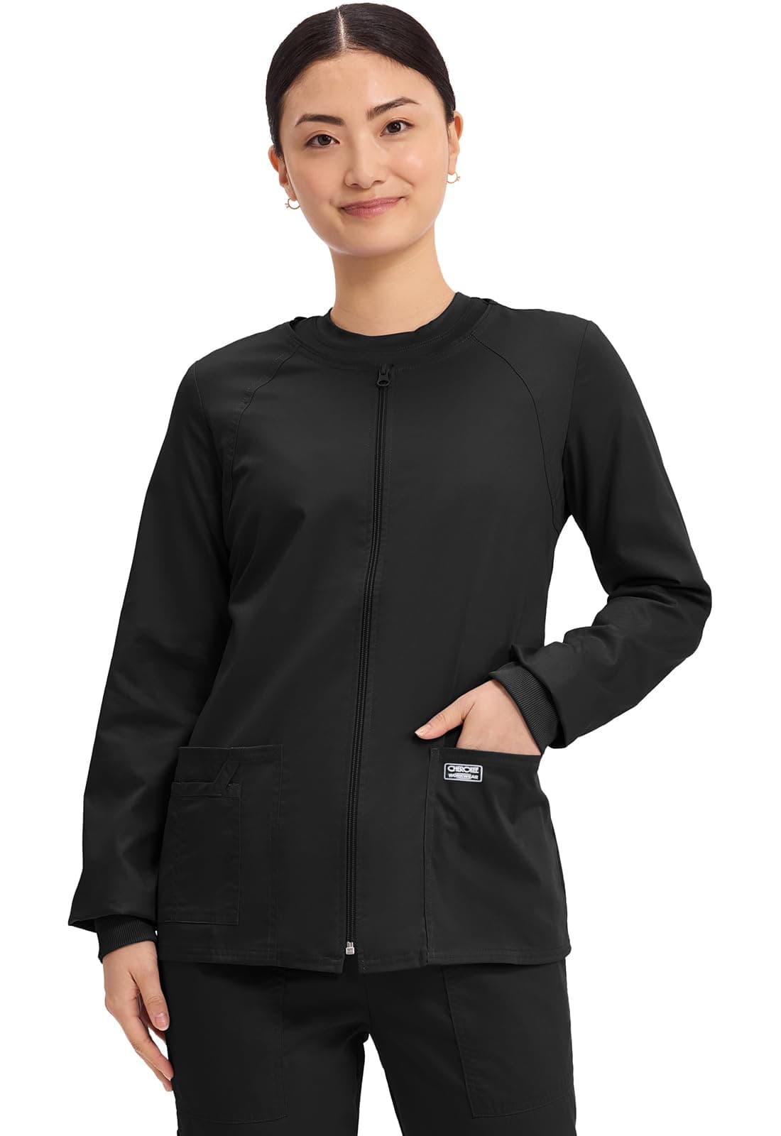 Women's Workwear Scrubs Core Stretch Zip Front Warm Up Jacket, Black, Large