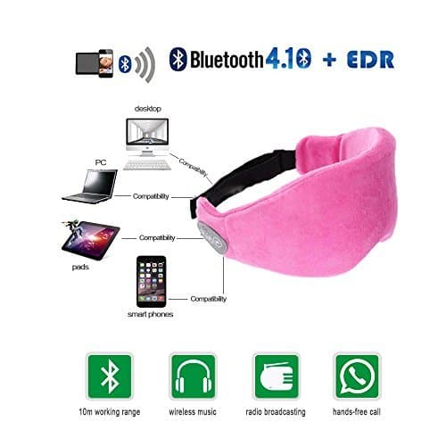 Langkou Washable Wireless Bluetooth Sleeping Eye Mask with Foam Ears-Free Eye Shade Head Set Sleeping Headphones Color Pink