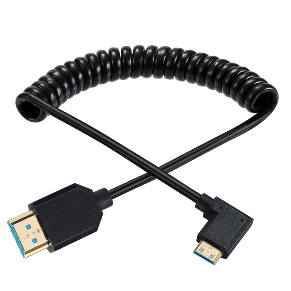 Qaoquda Mini HDMI to HDMI Coiled Cable, 90 Degree Angle 8K Mini HDMI Male to HDMI Male Spring Cord 2.1V 8K@60Hz 4K@120Hz for Tablet Graphics/Video Card, Laptop, and More (1.2M/4FT) (Left Angle)