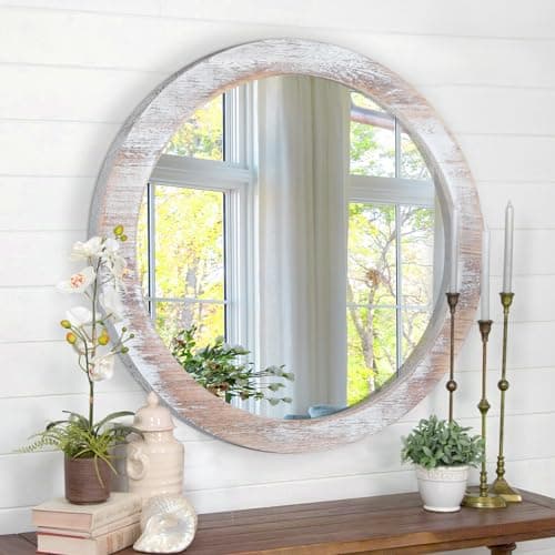 JJUUYOU Rustic Circle Wall Mirror 50CM for Home Decor Rustic White Round Mirror for Bathroom Wall decor Wood Frame Mirror for Living Room, Bedroom, Washroom, Dorm