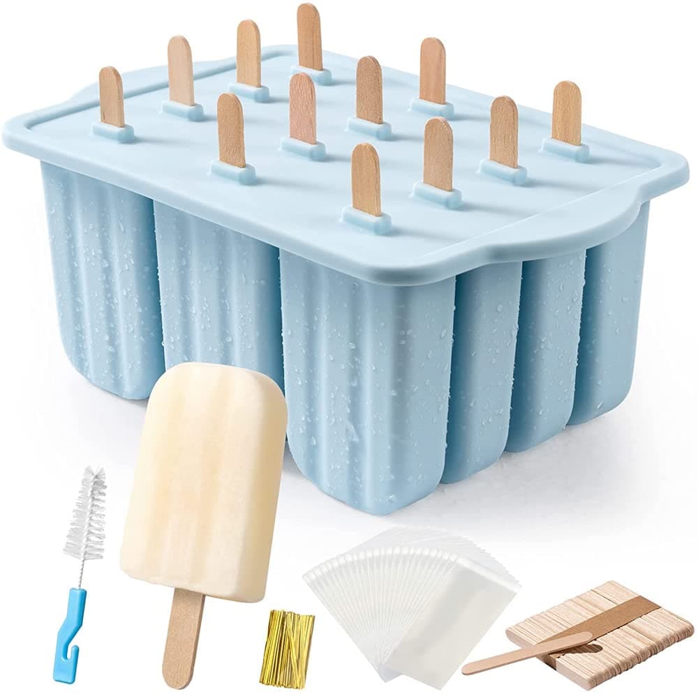 – Popsicles Molds, 12 Pieces Silicone Ice Cream Molds Easy-Release BPA-free PopsicleMaker Molds Ice Pop Molds Homemade Popsicle Ice Pop Maker with 50PCS Sticks+Cleaning Brush (Blue)