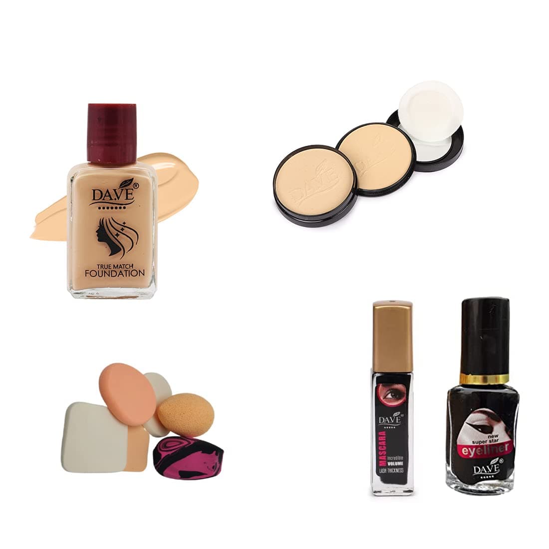 DA.VE Makeup Essentials Combo - Compact, Foundation, Blenders, and Eyeliner for Effortless Makeup Application (DCombo-CFPEM-C130-F2-P-M200-EF)