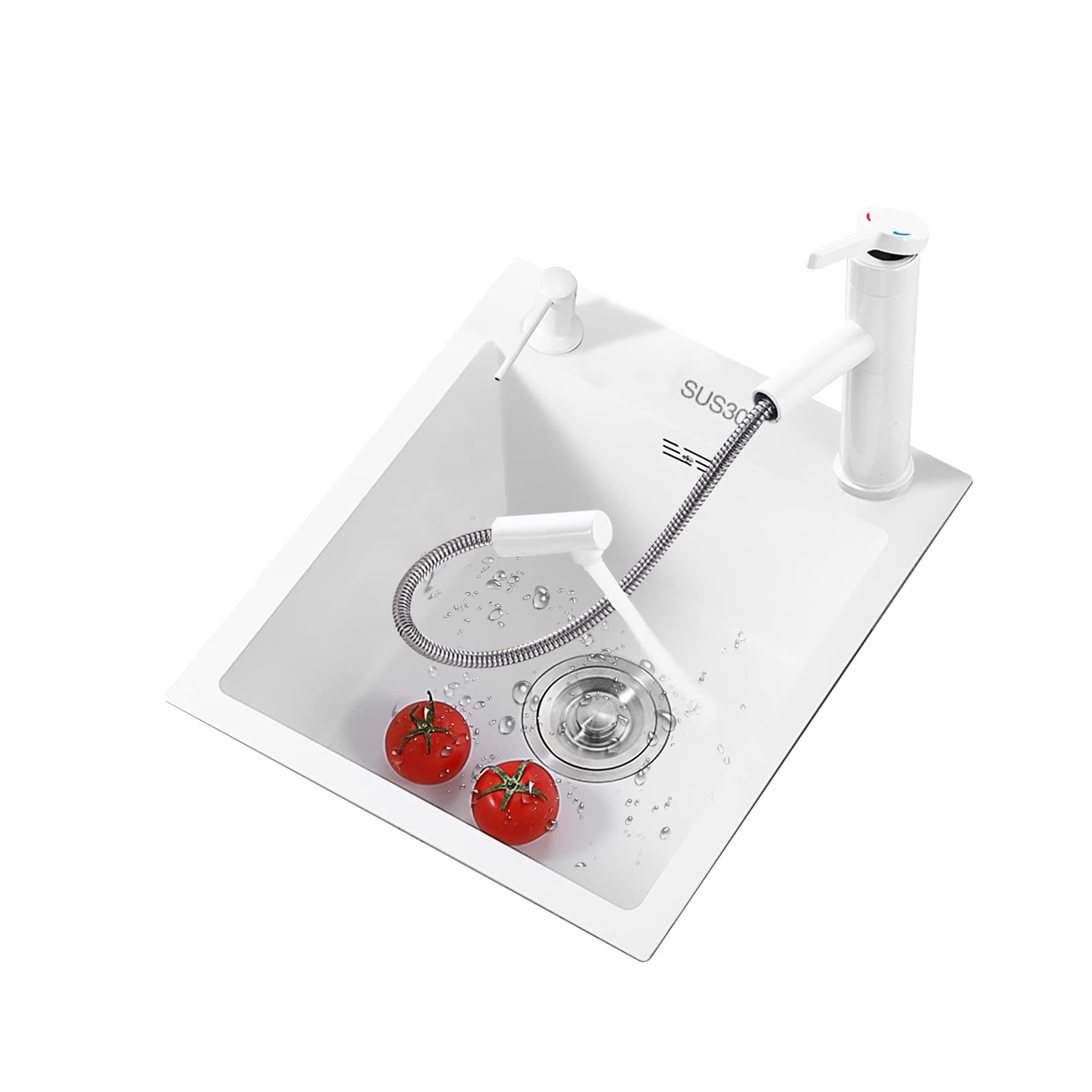 Square Single bowl Kitchen sinks SUS304 White Stainless steel Small Wet bar sink with Pull Faucets Undermount of Countertop installation(White sink:12.5x12.5IN)