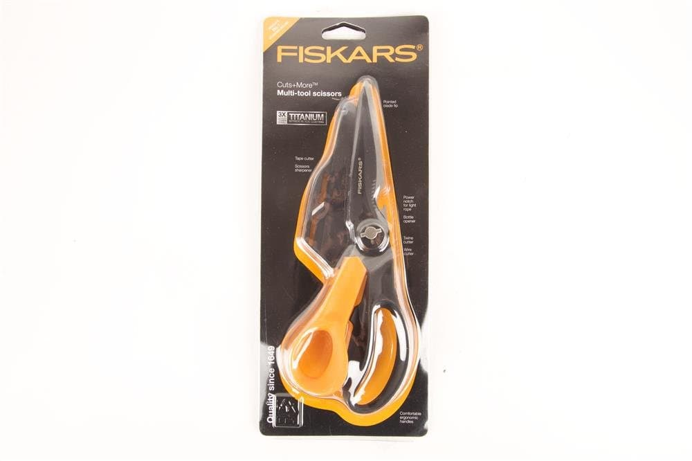 Fiskars Cuts + More Multi-tool Scissors, Includes Protective Case With Scissor Sharpener, Length: 23 cm, Titanium Coating, Stainless Steel Blade/Plastic Handles, Black/Orange, 1000809