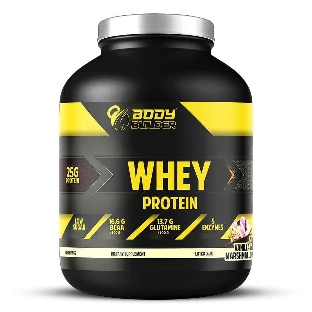 Body Builder 100% Whey Protein - 25g Protein, BCAAs, Glutamine, Digestive Enzymes for Muscle Growth & Endurance, Suitable for Vegetarians & Keto Dieters (Vanilla Marshmallow, 4 LB)