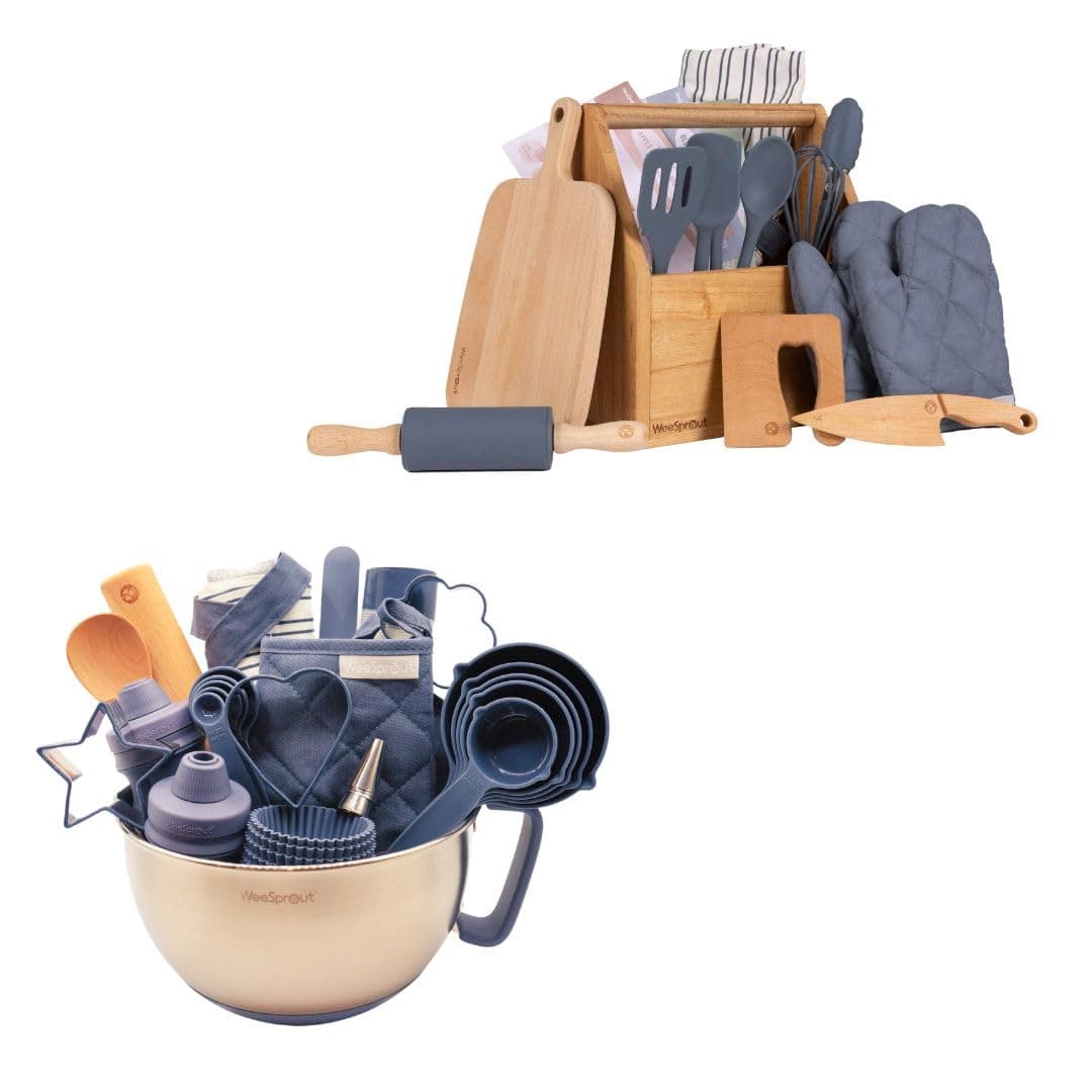 WeeSprout Cooking and Baking Kit Bundle for Kids - Child-Sized Utensils & Accessories - Includes Apron, Oven Mitts, Silicone Mats & Liners - Cooking Set for Kids Ages 6-12 - Navy