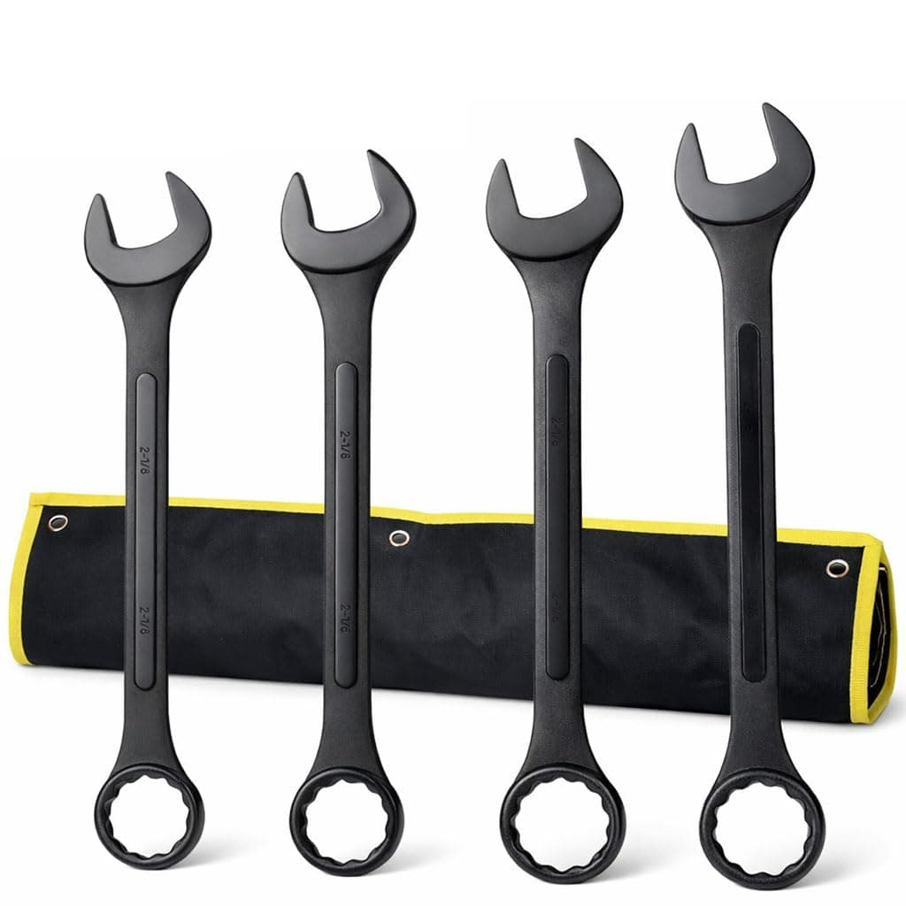Jumbo Combination Wrench Set, SAE 2-1/8'', 2-1/4'', 2-3/8'', and 2-1/2'' Extra Large 4-Piece Open-End Wrench Set, Storage Bag Included, Black Oxide Finish