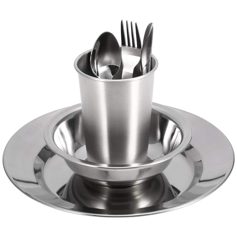 Lixada 3/6/7-Piece Stainless Steel Tableware Set: Dinner Plate, Bowl, Cup, Spoon, Fork, Cutter with Mesh Travel Bag Portable for Camping Backpacking Picnic Utensils