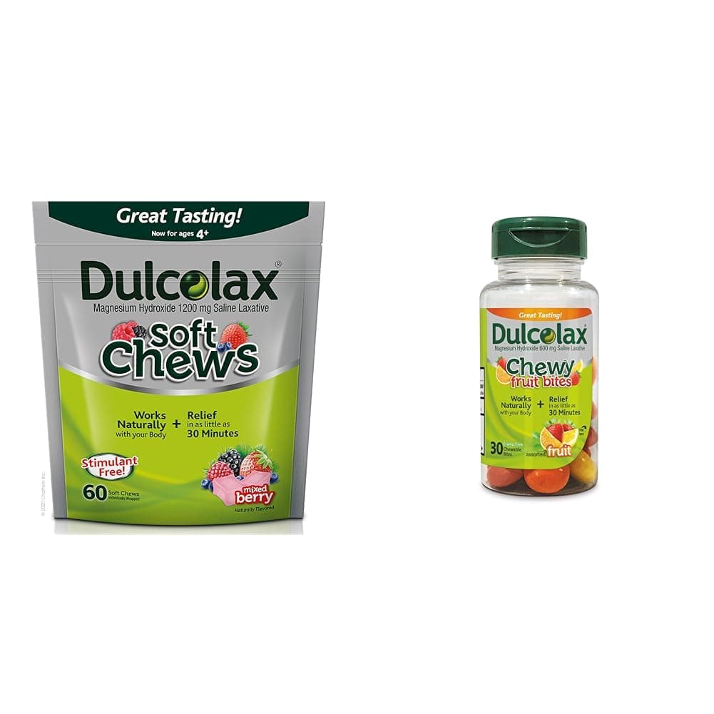 Dulcolax Soft Chews Saline Laxative Mixed Berry (60ct) Gentle Constipation Relief, Magnesium Hydroxide 1200mg & Chewy Fruit Bites, Saline Laxative, Assorted Fruit (30ct) Cramp-Free Constipation Relief