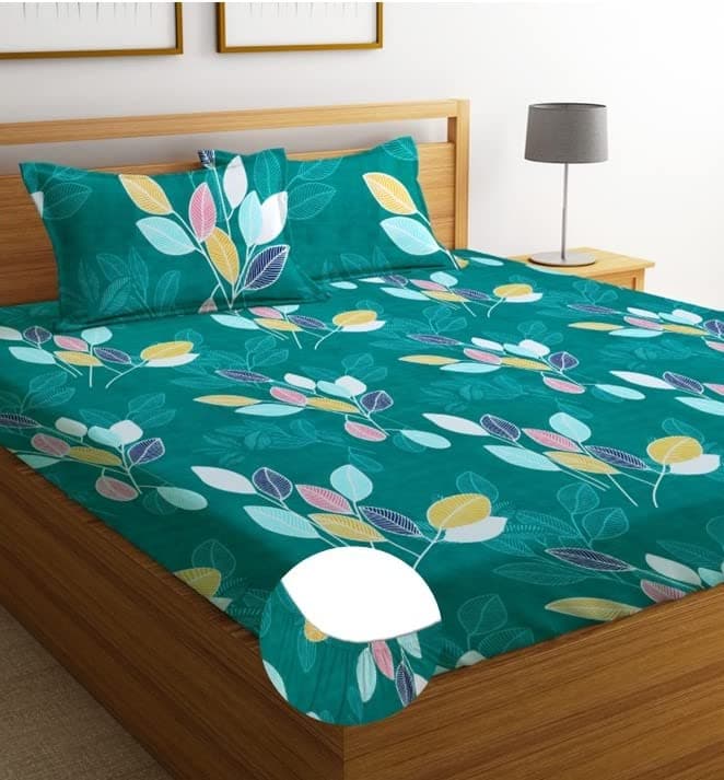 Premium Cotton Elastic Fitted Bedsheets with 2 King Size Pillow Covers | Double Bed with All Around Elastic 180 TC Supersoft | (72"x78",Green & Red)