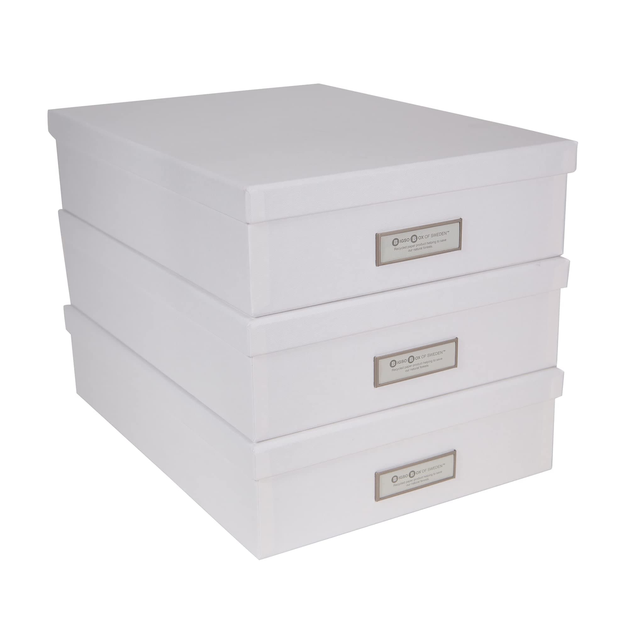 Bigso Oskar Fiberboard Label Frame Document Letter Box | File Organizer Document Box for Important Paperwork | Document Storage Box with a Lid & Metal Label Window | 3.3″x10.2″x13.8″ | 3 Pack | White