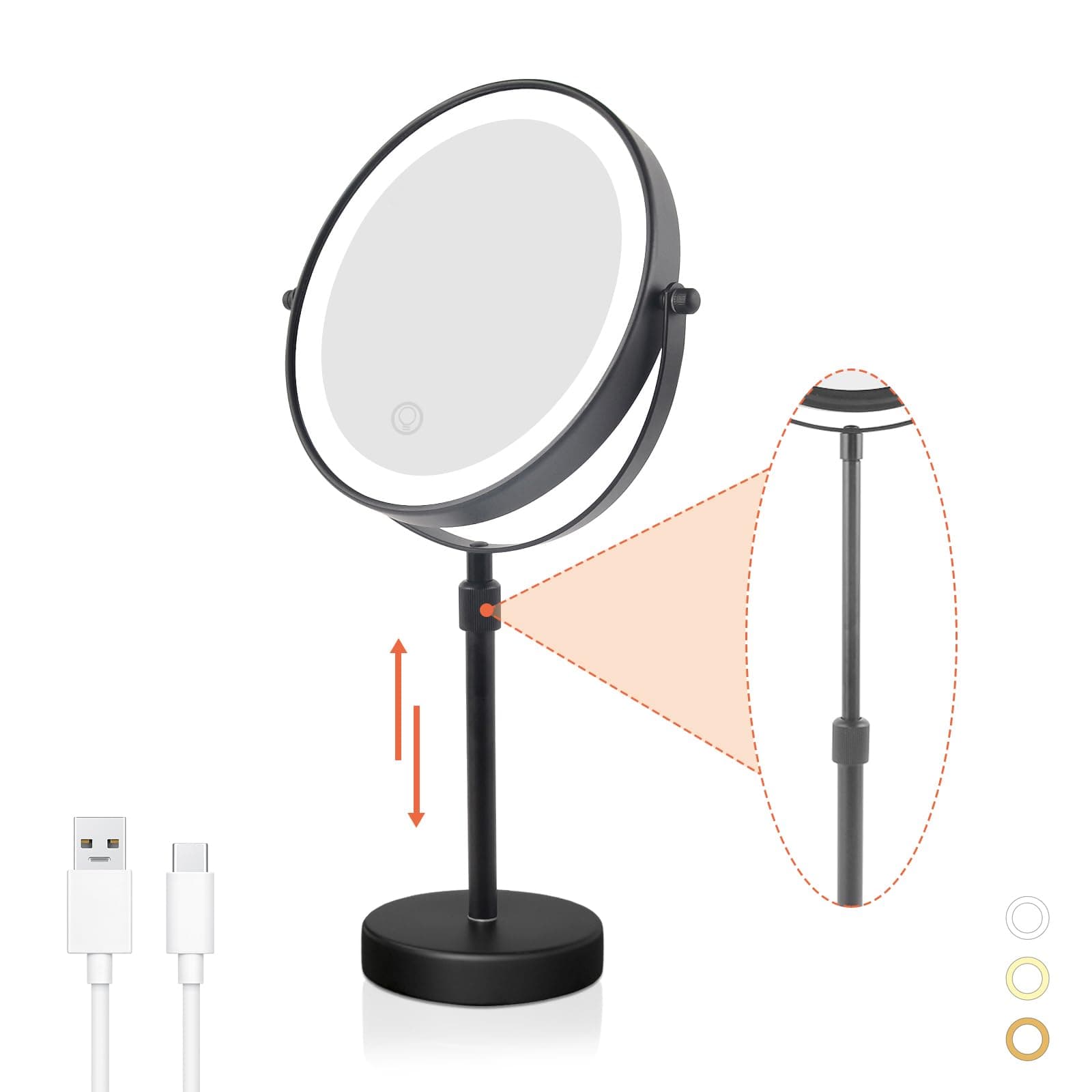 Nicesail LED Lighted Makeup Mirror Tabletop, 10X Magnifying Mirror with 3 Color Lights, Brightness Adjustable Height Adjustable, 15''~19'' Double Sided Touch Switch Desk Mirror, Black(8 Inch, 10X)