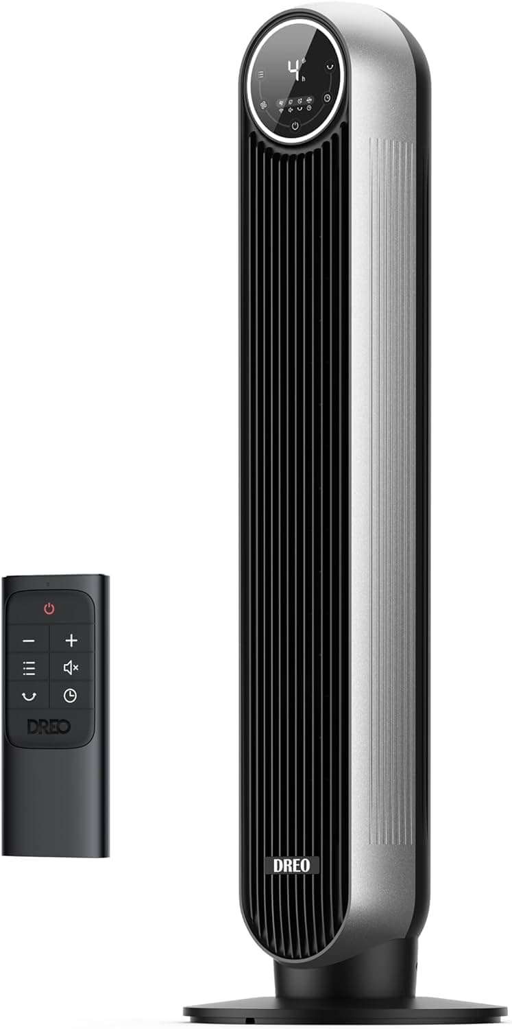 DREO Bladeless Tower Fan - 25ft/s, 4 Speeds, 4 Modes, 90° Oscillation, 8H Timer, Ultra Quiet for Bedroom, Indoors, Silver (Tower Fan 307)