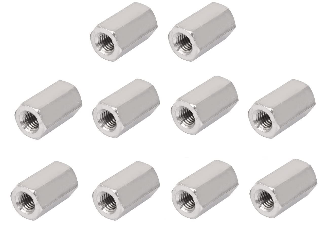 TERF® M8 (8mm) X 24mm Long Hex Coupling Nut Female Threaded Bar Rod Studding Connector Hexagonal Deep Nut For Home Office Workshop Industrial Constructor and Multi Purpose Use - Pack of 10