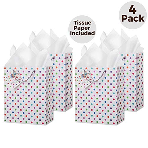 CRANBURY Medium Gift Bags: (4 Pack) Fun Dots Design, Bags with Tissue Paper, Gift Bags with Tissue Paper, Birthday Gift Bags for Kids, Birthday Bags for Boy or Girl Birthday Present