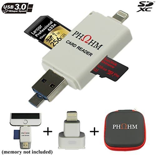 SD SDHX SDXC Card Reader, PHOHM Card Reader Lightning Connector Adaptor for iPhone iPad Mac PC Android OTG USB 3 Upto 256GB Capacity, Bonus Lightning Dock Extender + case