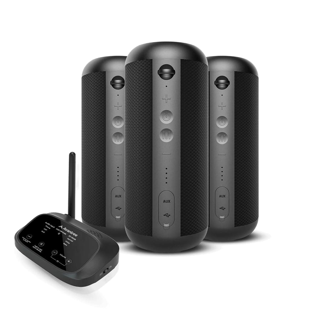 Avantree Harmony 2 Wireless Stereo Speaker System for Multiroom and Parties, 1 Transmitter with 3 Bluetooth Speakers, Individual Volume, Expandable up to 100 Multi Speakers